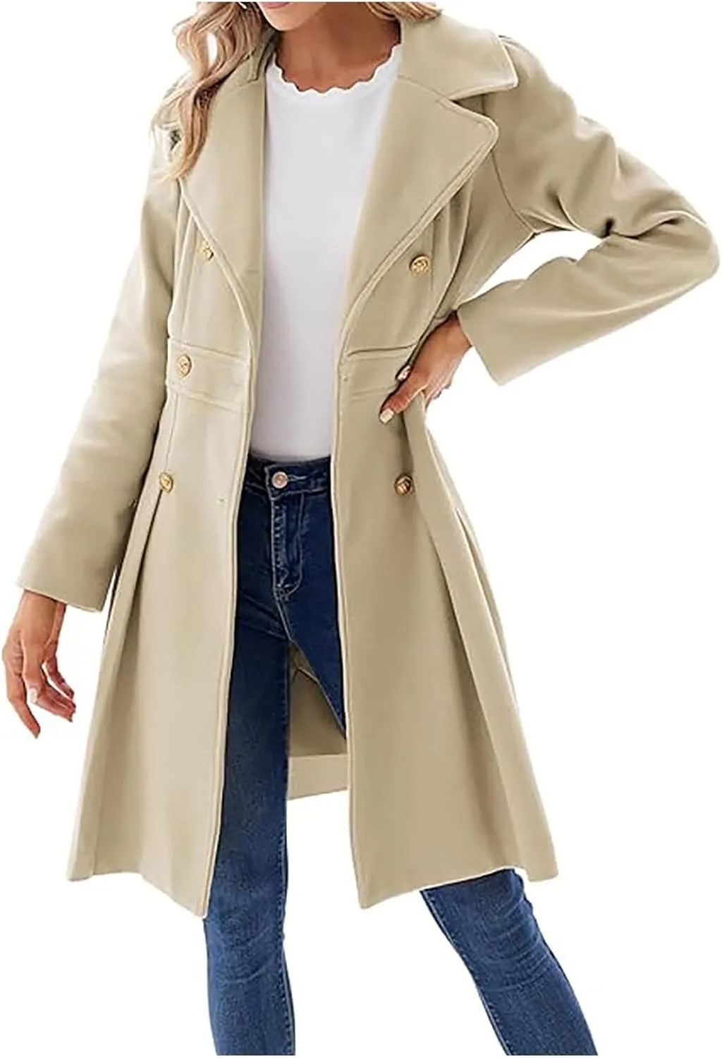Winter Coats for Women Fleece Pea Coat Notch Lapel Double Breasted Thick A Line Trench Coat Jacket with Pockets