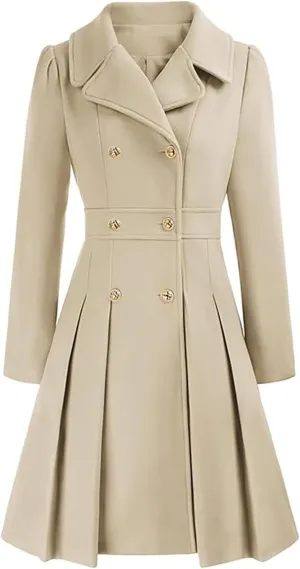 Winter Coats for Women Fleece Pea Coat Notch Lapel Double Breasted Thick A Line Trench Coat Jacket with Pockets