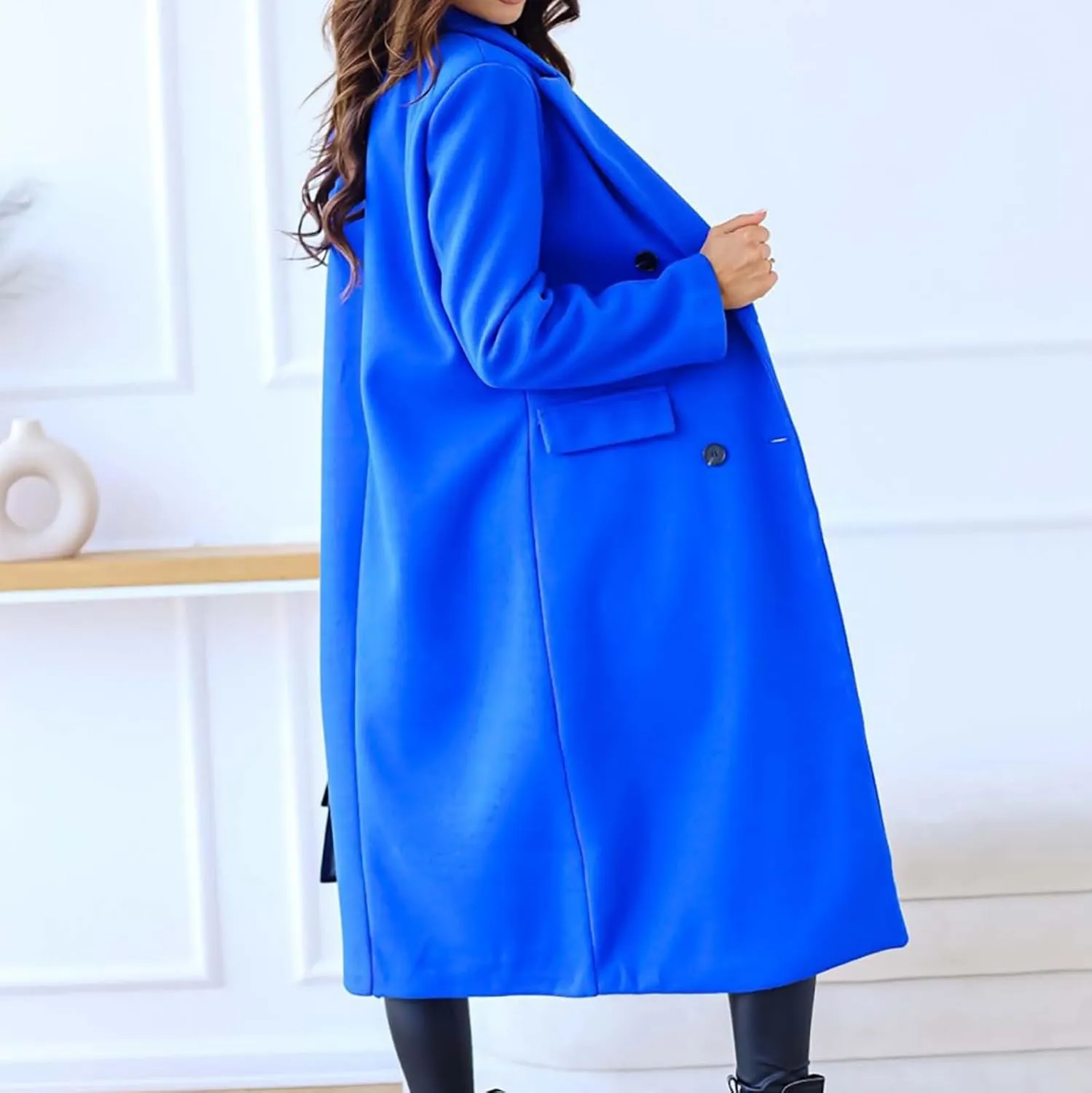Winter Coats for Women Fleece Pea Coat Notch Lapel Double Breasted Thick A Line Trench Coat Jacket with Pockets