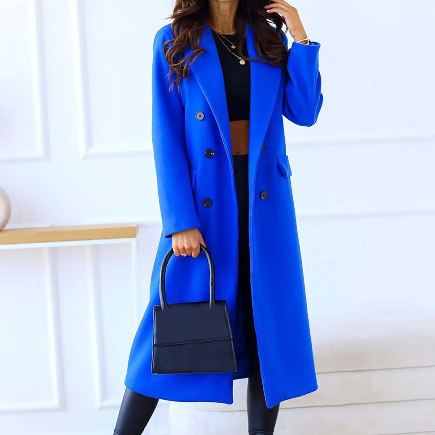 Winter Coats for Women Fleece Pea Coat Notch Lapel Double Breasted Thick A Line Trench Coat Jacket with Pockets
