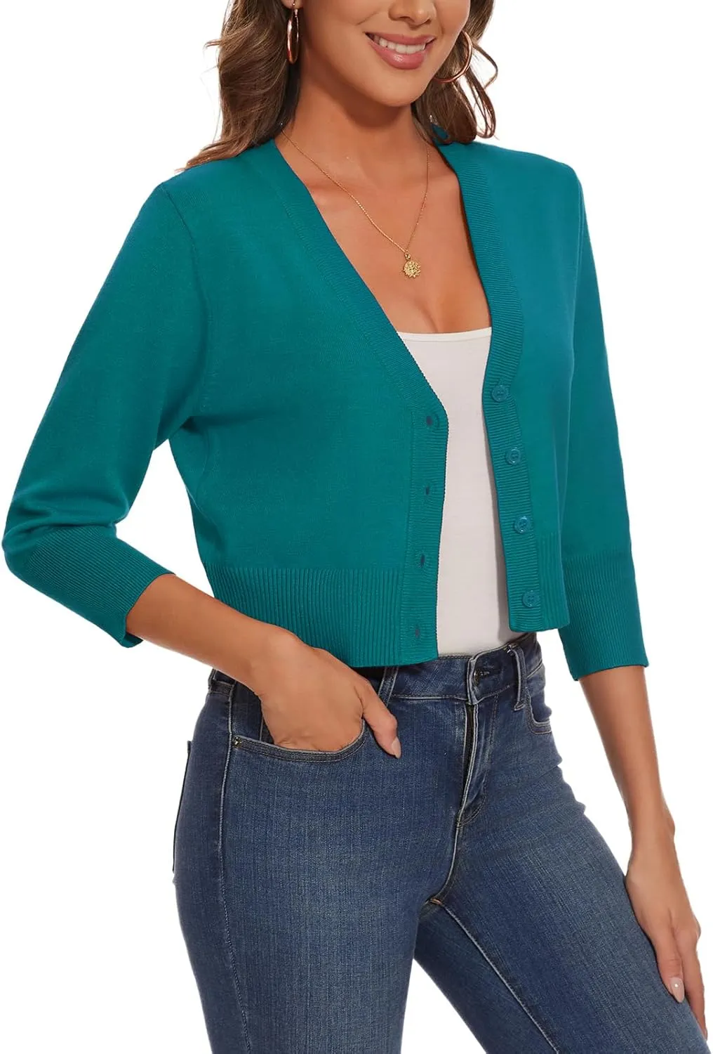Women 3/4 Sleeve Cropped Cardigan Shrugs Lightweight Button Open Front Knit Bolero Sweater