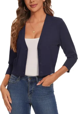 Women 3/4 Sleeve Cropped Cardigan Shrugs Lightweight Button Open Front Knit Bolero Sweater