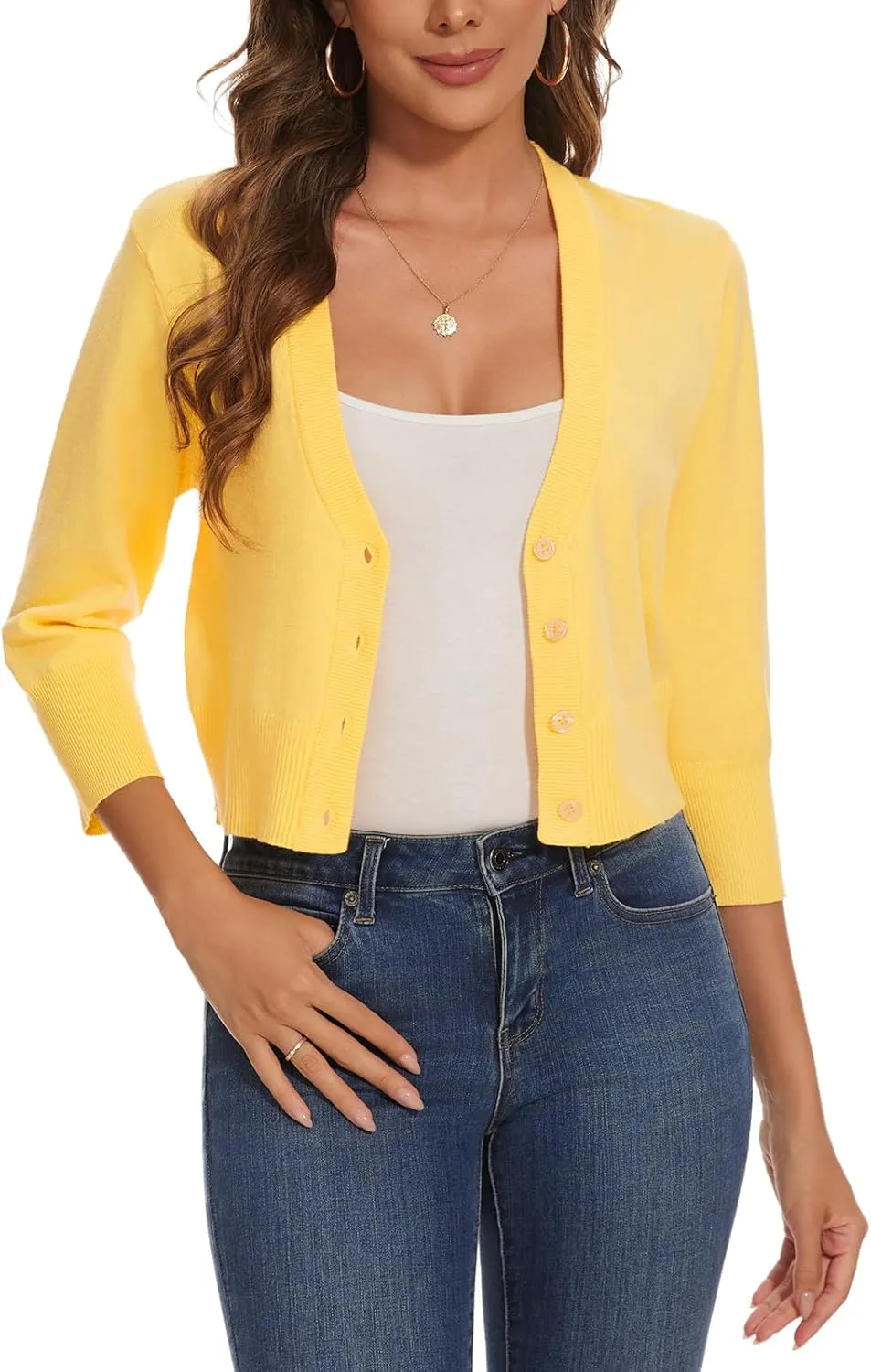 Women 3/4 Sleeve Cropped Cardigan Shrugs Lightweight Button Open Front Knit Bolero Sweater