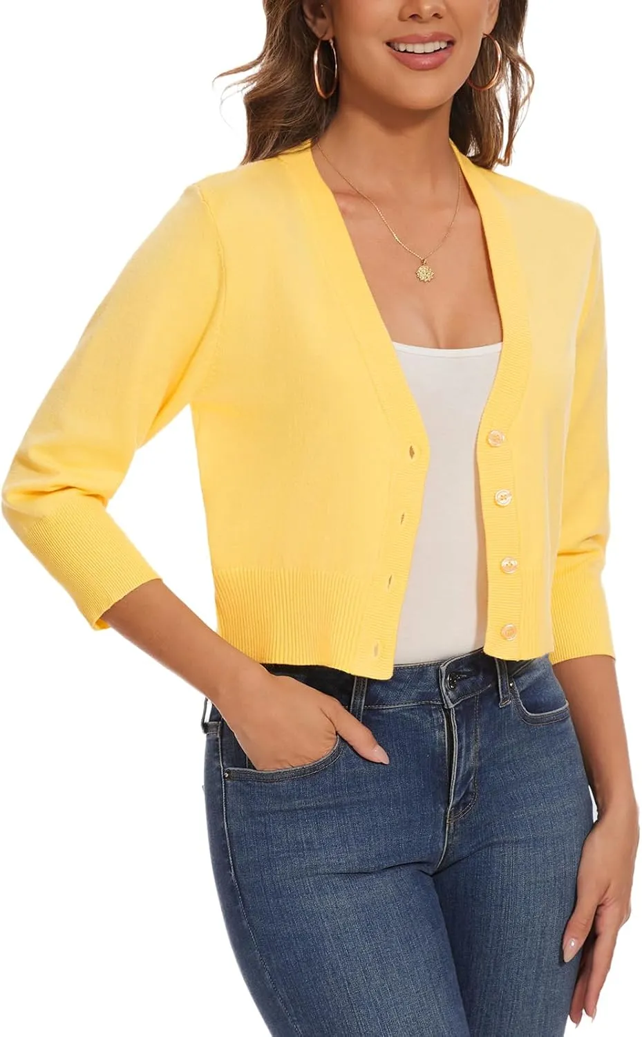 Women 3/4 Sleeve Cropped Cardigan Shrugs Lightweight Button Open Front Knit Bolero Sweater