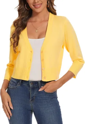 Women 3/4 Sleeve Cropped Cardigan Shrugs Lightweight Button Open Front Knit Bolero Sweater