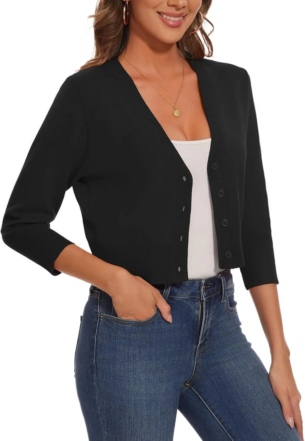 Women 3/4 Sleeve Cropped Cardigan Shrugs Lightweight Button Open Front Knit Bolero Sweater