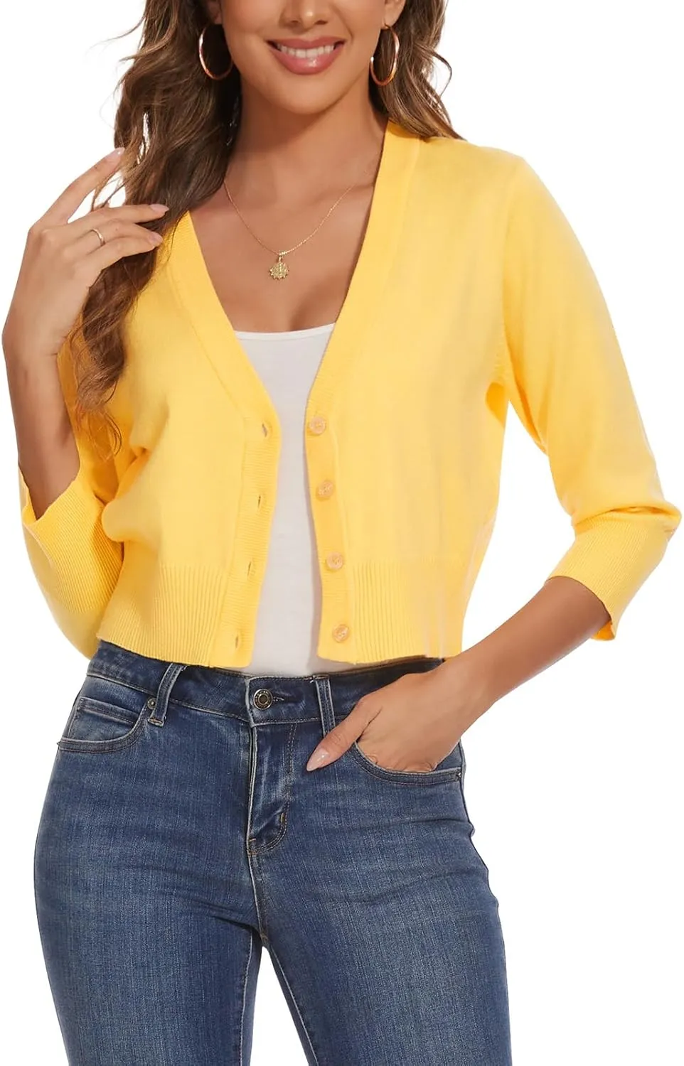 Women 3/4 Sleeve Cropped Cardigan Shrugs Lightweight Button Open Front Knit Bolero Sweater