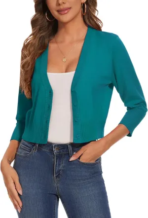 Women 3/4 Sleeve Cropped Cardigan Shrugs Lightweight Button Open Front Knit Bolero Sweater