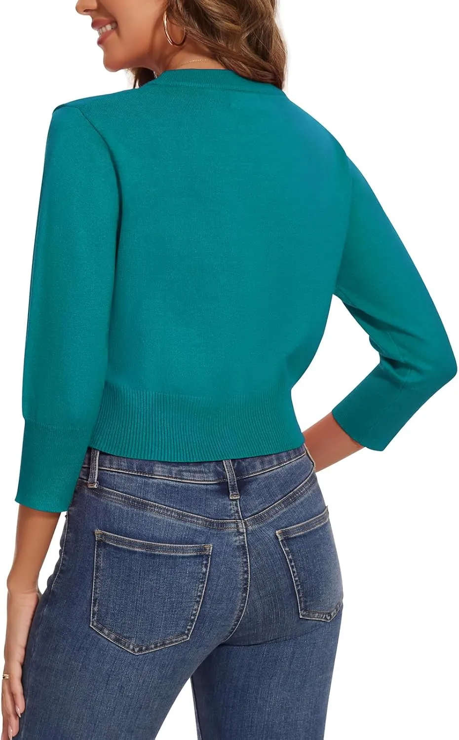 Women 3/4 Sleeve Cropped Cardigan Shrugs Lightweight Button Open Front Knit Bolero Sweater