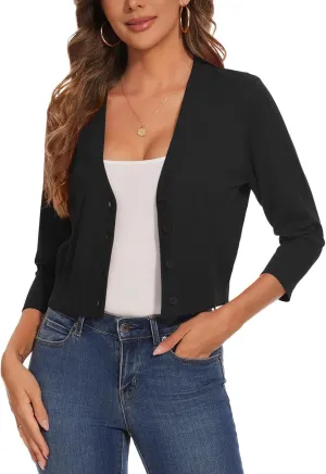 Women 3/4 Sleeve Cropped Cardigan Shrugs Lightweight Button Open Front Knit Bolero Sweater