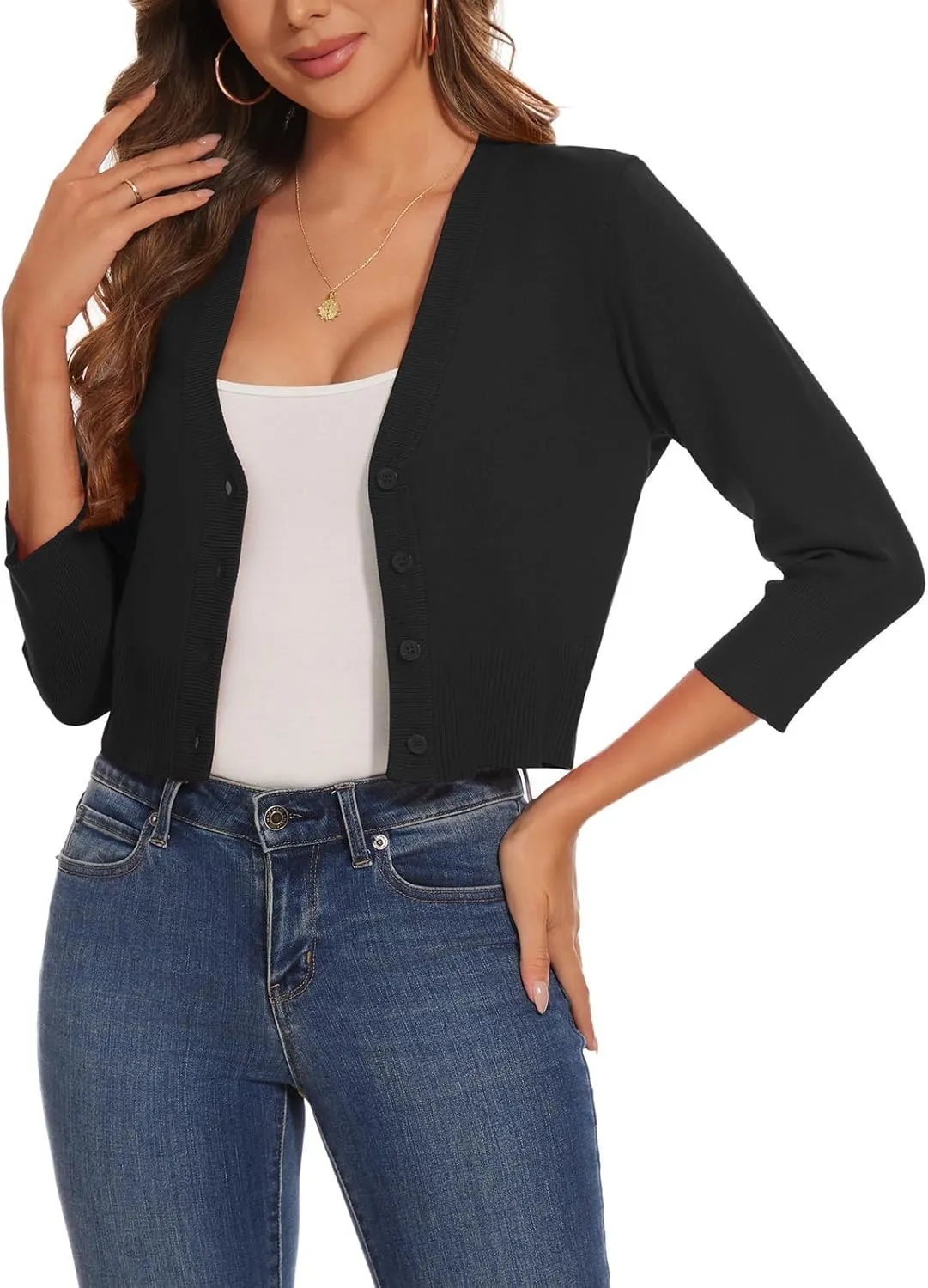 Women 3/4 Sleeve Cropped Cardigan Shrugs Lightweight Button Open Front Knit Bolero Sweater