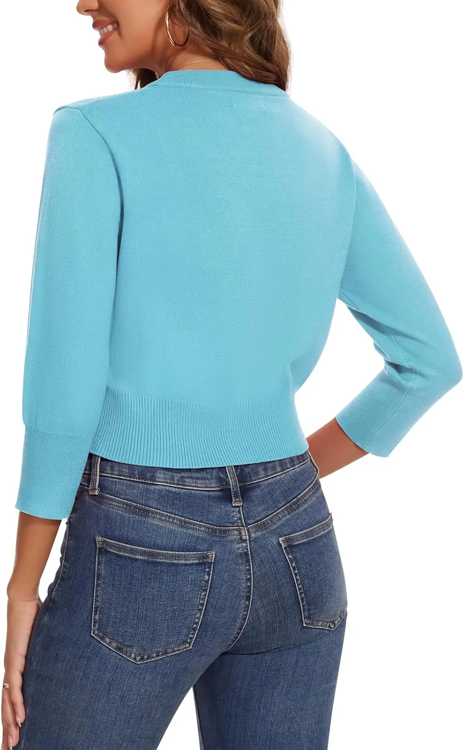 Women 3/4 Sleeve Cropped Cardigan Shrugs Lightweight Button Open Front Knit Bolero Sweater