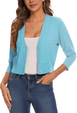 Women 3/4 Sleeve Cropped Cardigan Shrugs Lightweight Button Open Front Knit Bolero Sweater