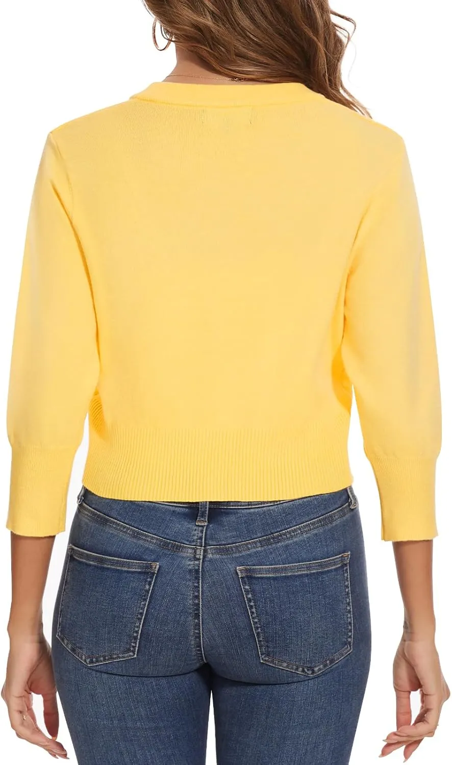 Women 3/4 Sleeve Cropped Cardigan Shrugs Lightweight Button Open Front Knit Bolero Sweater