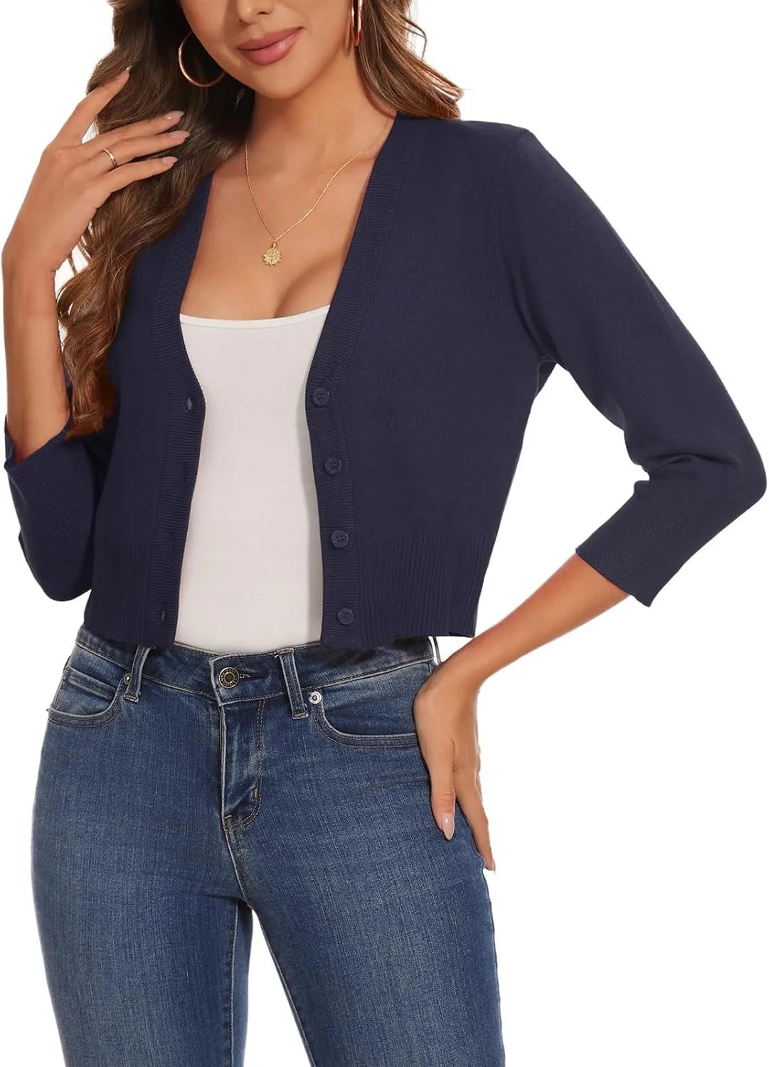 Women 3/4 Sleeve Cropped Cardigan Shrugs Lightweight Button Open Front Knit Bolero Sweater