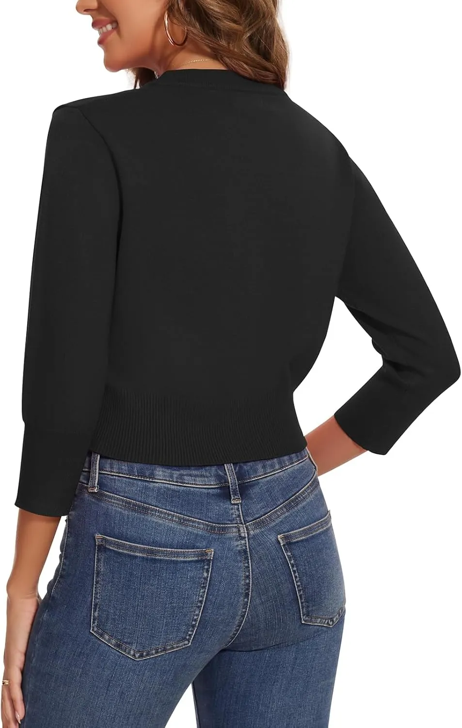 Women 3/4 Sleeve Cropped Cardigan Shrugs Lightweight Button Open Front Knit Bolero Sweater