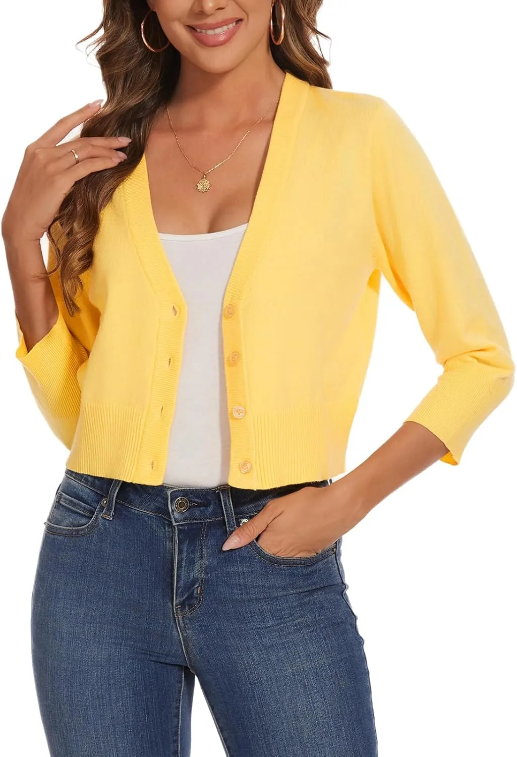 Women 3/4 Sleeve Cropped Cardigan Shrugs Lightweight Button Open Front Knit Bolero Sweater