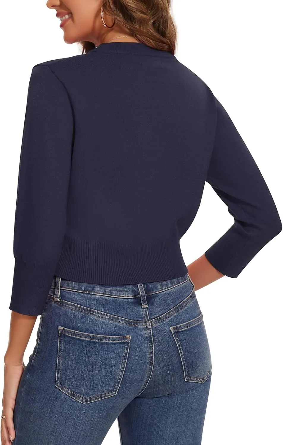 Women 3/4 Sleeve Cropped Cardigan Shrugs Lightweight Button Open Front Knit Bolero Sweater