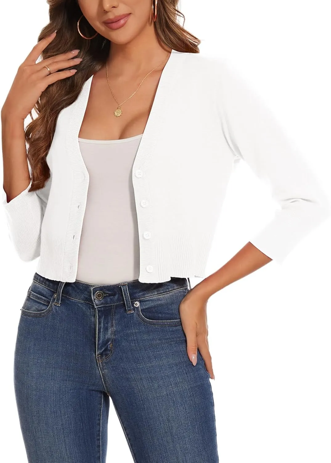 Women 3/4 Sleeve Cropped Cardigan Shrugs Lightweight Button Open Front Knit Bolero Sweater