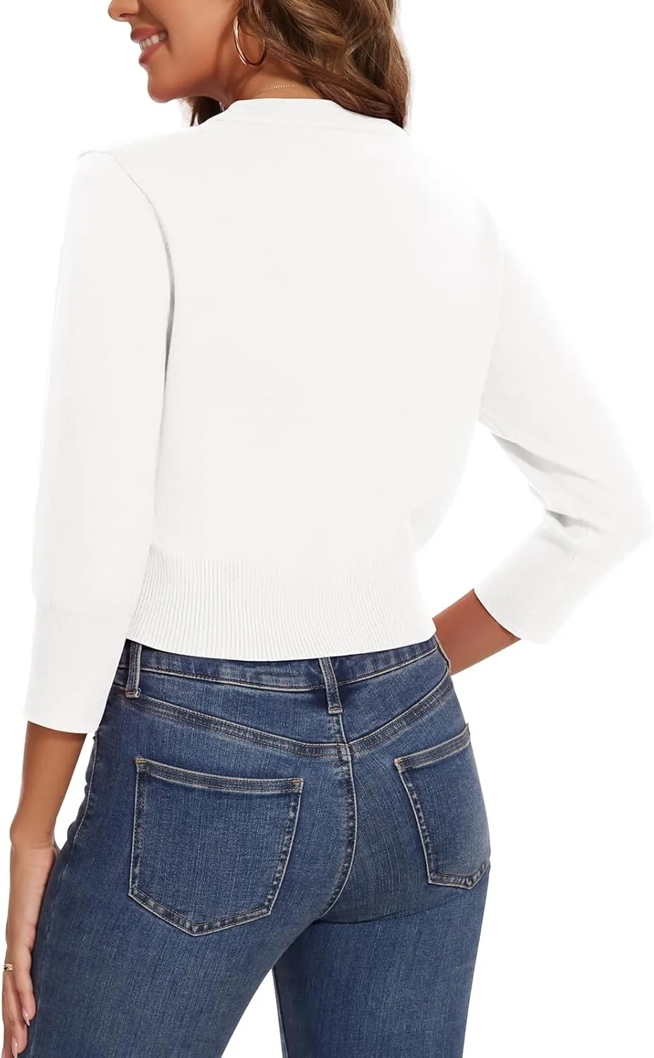 Women 3/4 Sleeve Cropped Cardigan Shrugs Lightweight Button Open Front Knit Bolero Sweater
