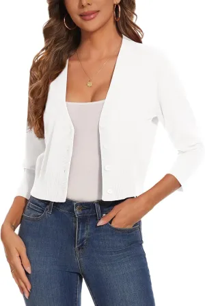 Women 3/4 Sleeve Cropped Cardigan Shrugs Lightweight Button Open Front Knit Bolero Sweater