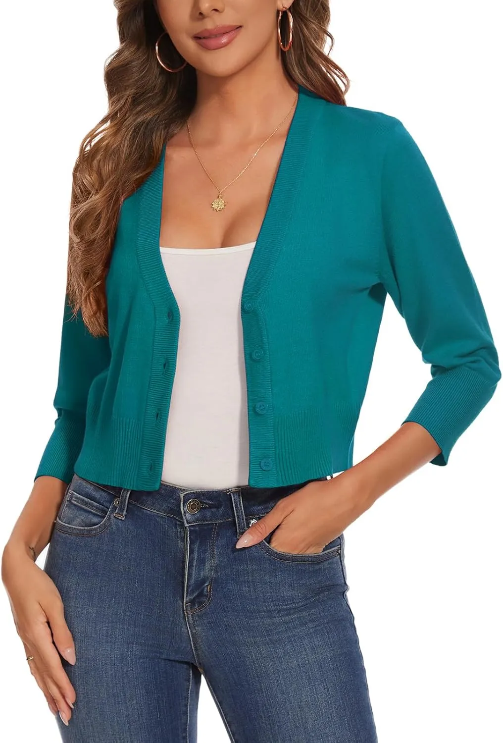 Women 3/4 Sleeve Cropped Cardigan Shrugs Lightweight Button Open Front Knit Bolero Sweater
