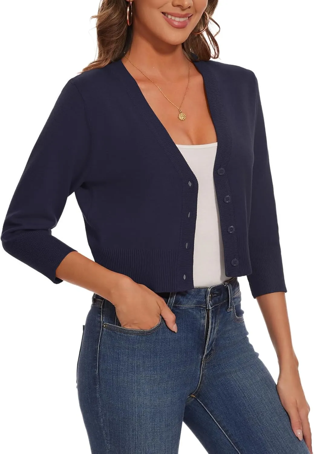 Women 3/4 Sleeve Cropped Cardigan Shrugs Lightweight Button Open Front Knit Bolero Sweater