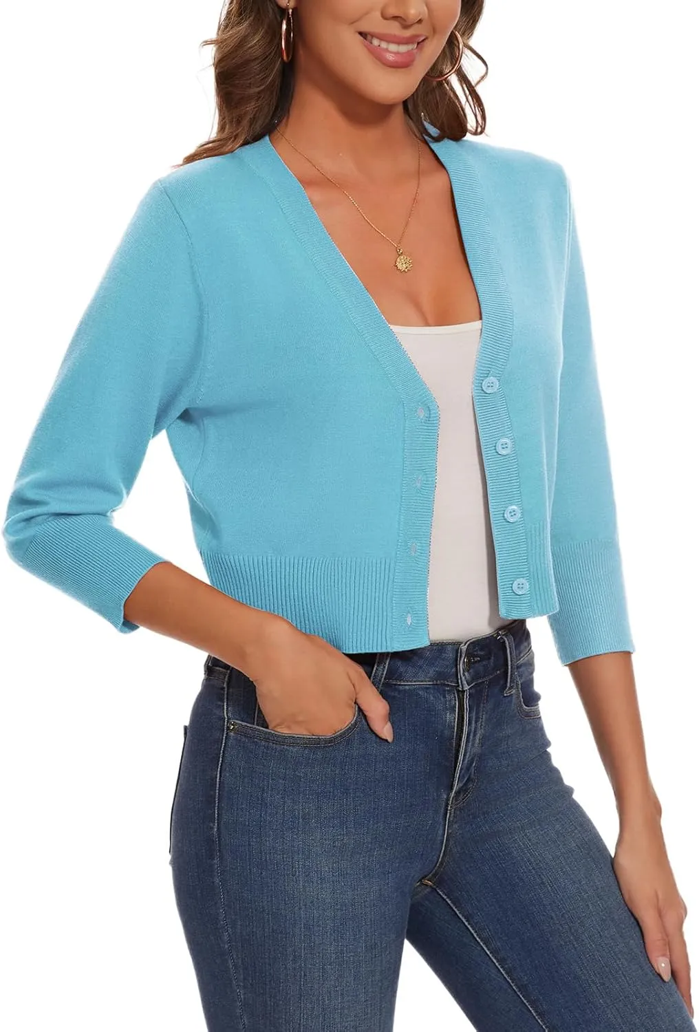Women 3/4 Sleeve Cropped Cardigan Shrugs Lightweight Button Open Front Knit Bolero Sweater