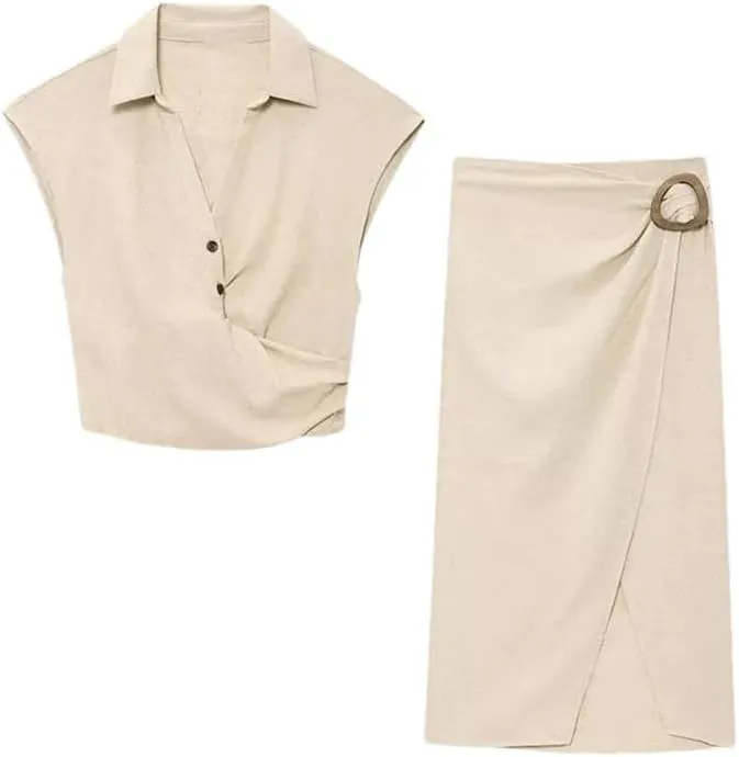 Women Buckle Long Skirt Set Women 2 Piece Casual V Neck Button Short Shirt Set