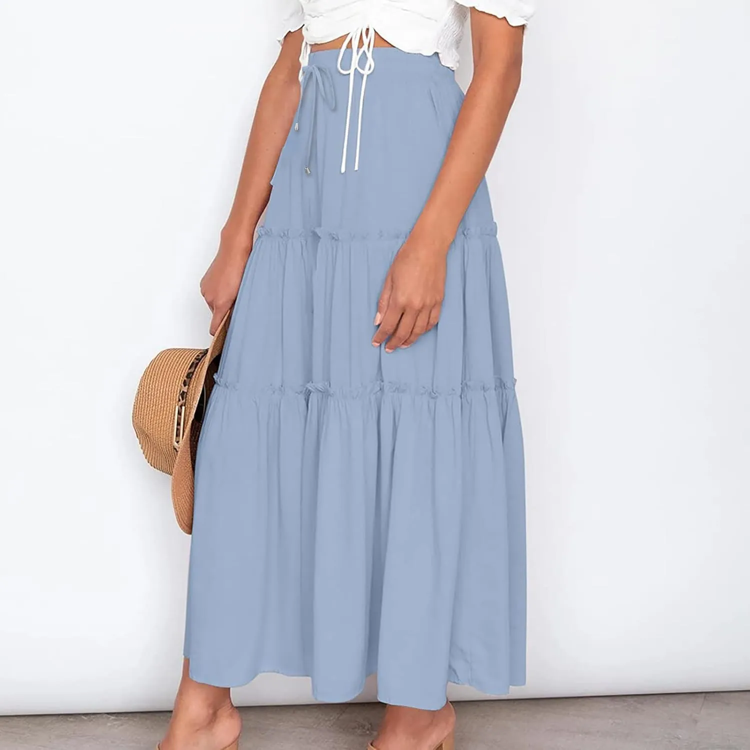 Women High Waist Midi Length Skirts A-Line Pleated Dressy Flowy Long Skirts Casual Ladies Business Skirts with Pockets