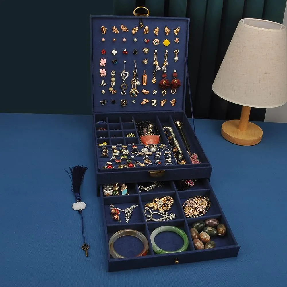 Women Jewelry Box Lockable 3 Layers Large Jewelry Organizer Storage Case for Earrings Necklaces Rings Bracelets,Green Display Jewel Holder (Navy)