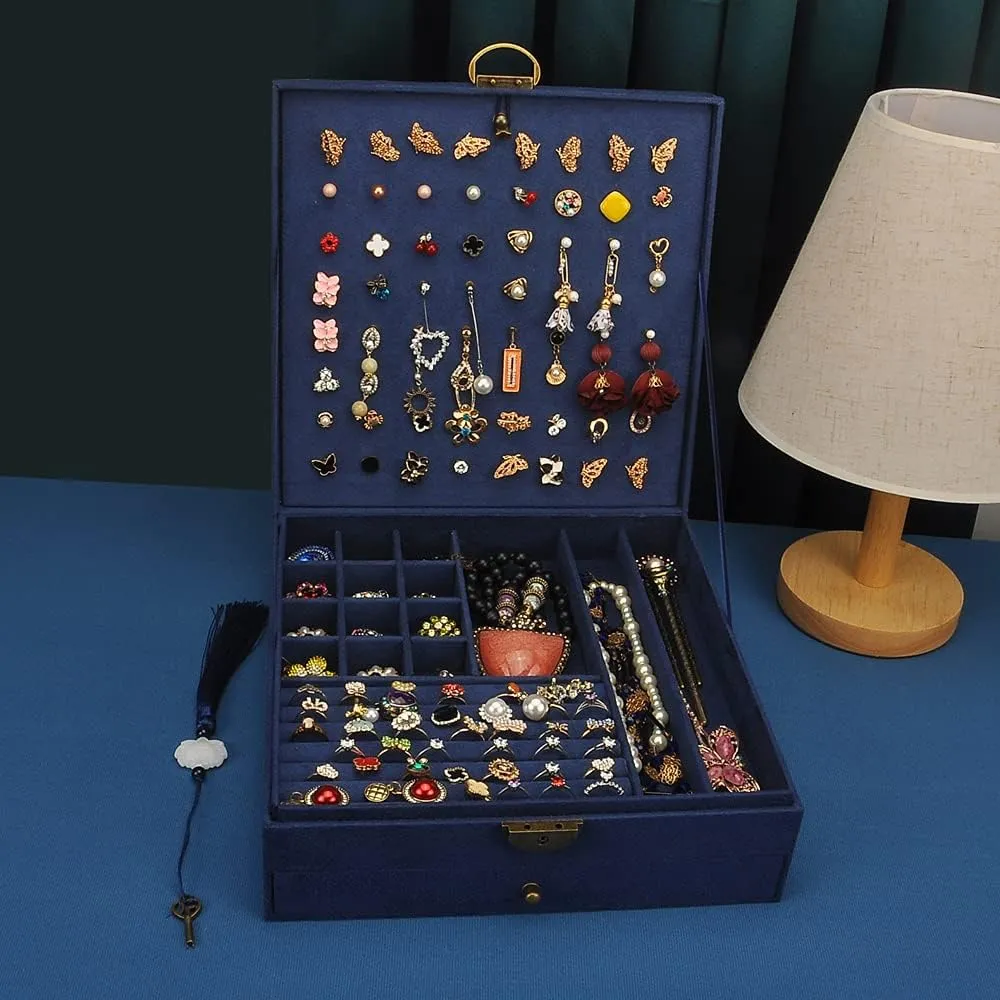 Women Jewelry Box Lockable 3 Layers Large Jewelry Organizer Storage Case for Earrings Necklaces Rings Bracelets,Green Display Jewel Holder (Navy)