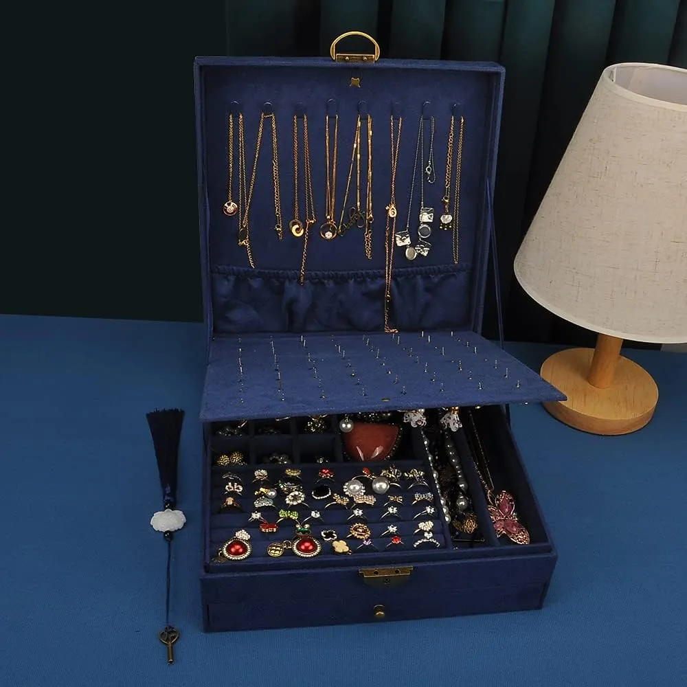 Women Jewelry Box Lockable 3 Layers Large Jewelry Organizer Storage Case for Earrings Necklaces Rings Bracelets,Green Display Jewel Holder (Navy)