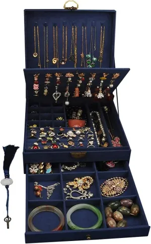 Women Jewelry Box Lockable 3 Layers Large Jewelry Organizer Storage Case for Earrings Necklaces Rings Bracelets,Green Display Jewel Holder (Navy)