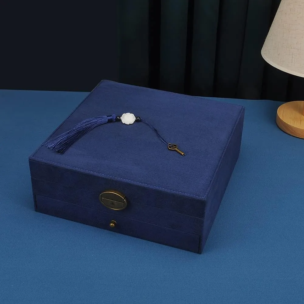 Women Jewelry Box Lockable 3 Layers Large Jewelry Organizer Storage Case for Earrings Necklaces Rings Bracelets,Green Display Jewel Holder (Navy)
