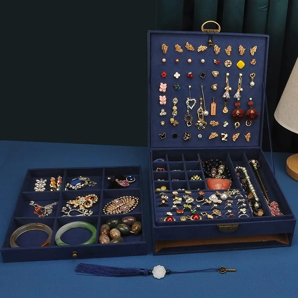 Women Jewelry Box Lockable 3 Layers Large Jewelry Organizer Storage Case for Earrings Necklaces Rings Bracelets,Green Display Jewel Holder (Navy)