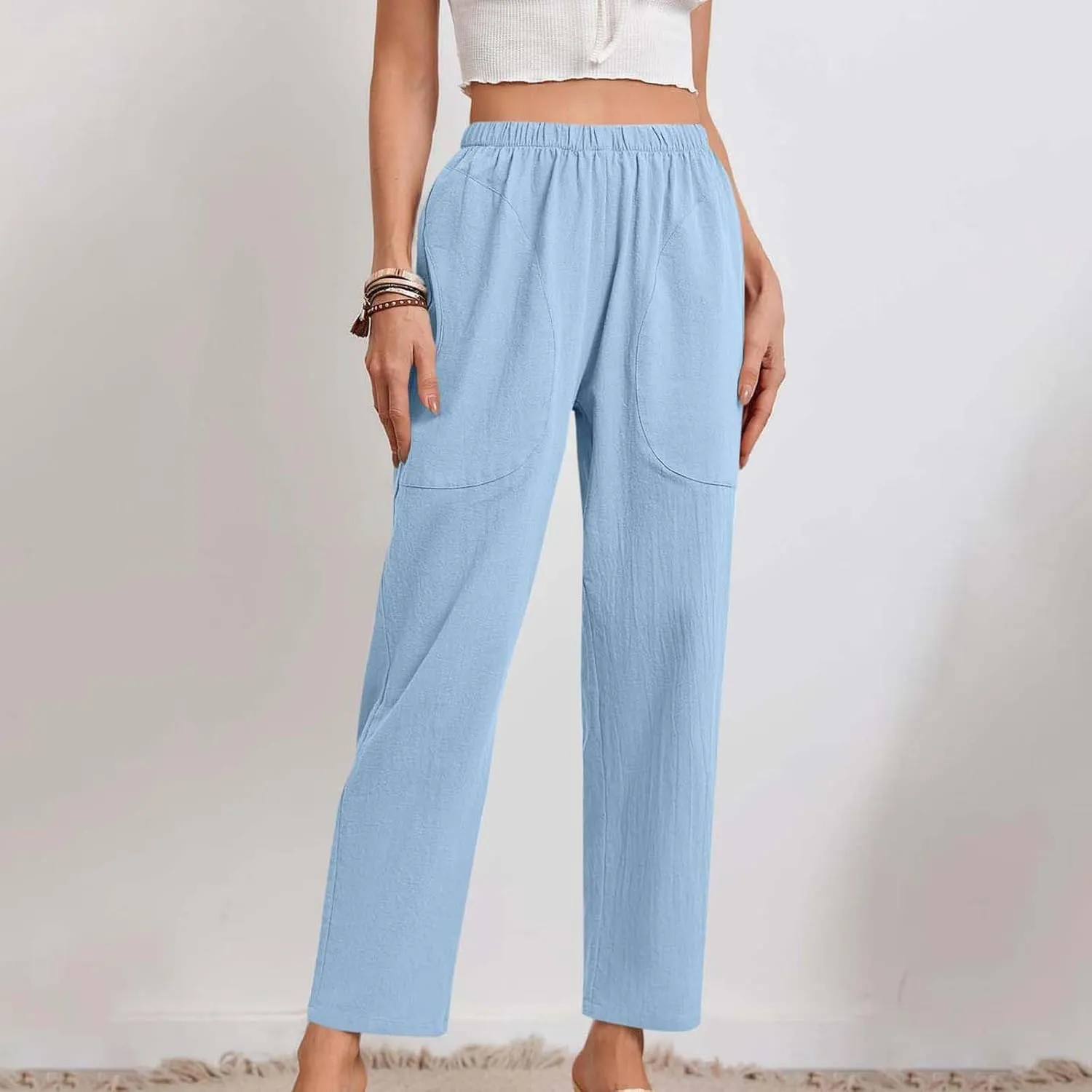 Women Linen Pants Lightweight Capri Pant Summer Casual Drawstring Elastic Waist Beach Trousers with Pockets