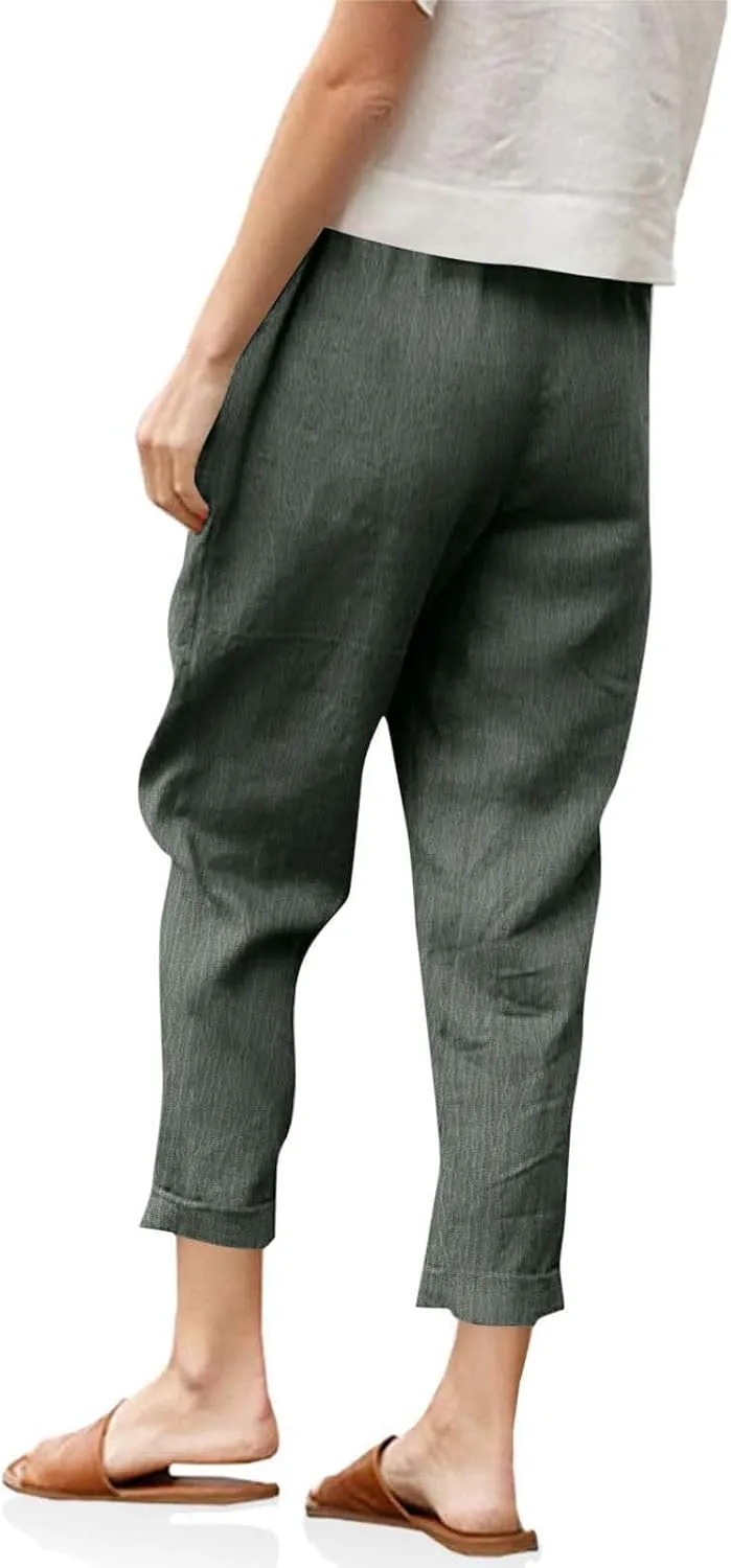 Women Linen Pants Lightweight Capri Pant Summer Casual Drawstring Elastic Waist Beach Trousers with Pockets