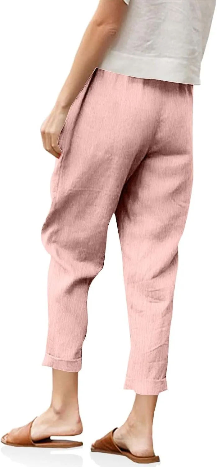 Women Linen Pants Lightweight Capri Pant Summer Casual Drawstring Elastic Waist Beach Trousers with Pockets