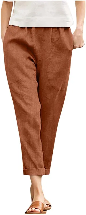 Women Linen Pants Lightweight Capri Pant Summer Casual Drawstring Elastic Waist Beach Trousers with Pockets