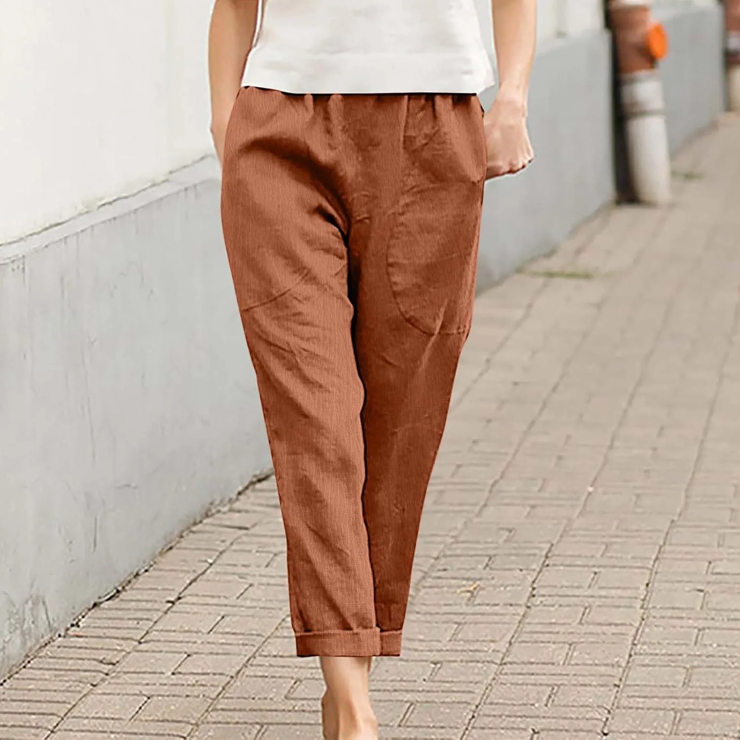 Women Linen Pants Lightweight Capri Pant Summer Casual Drawstring Elastic Waist Beach Trousers with Pockets