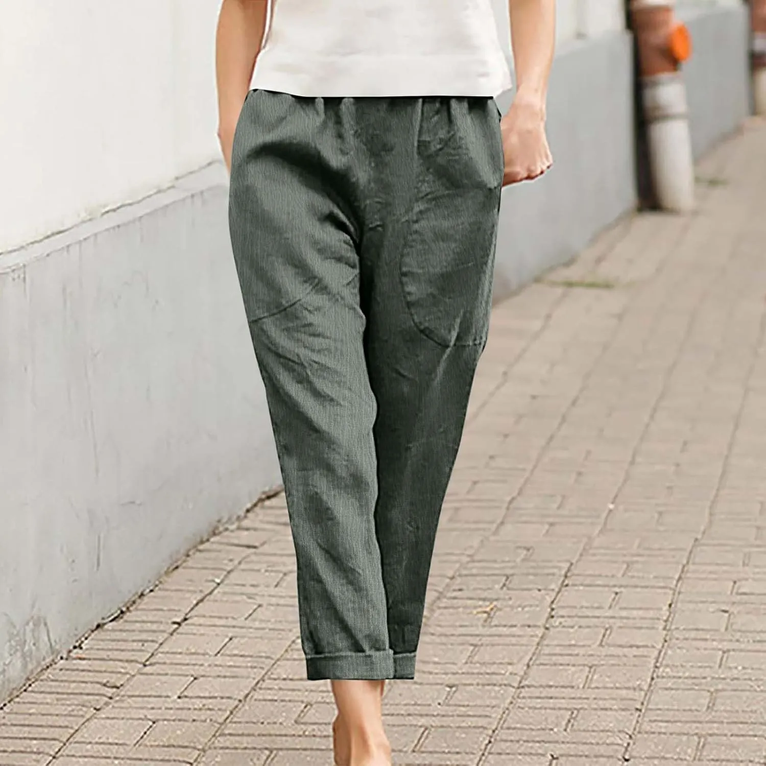 Women Linen Pants Lightweight Capri Pant Summer Casual Drawstring Elastic Waist Beach Trousers with Pockets