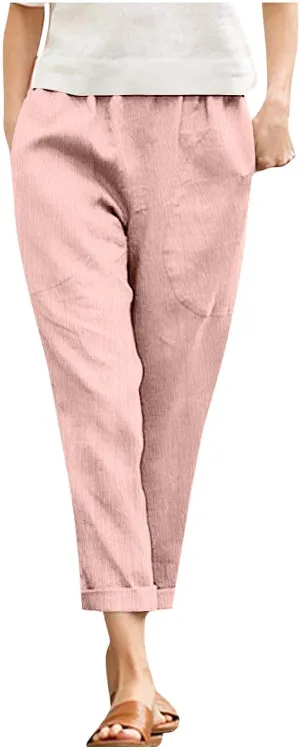 Women Linen Pants Lightweight Capri Pant Summer Casual Drawstring Elastic Waist Beach Trousers with Pockets