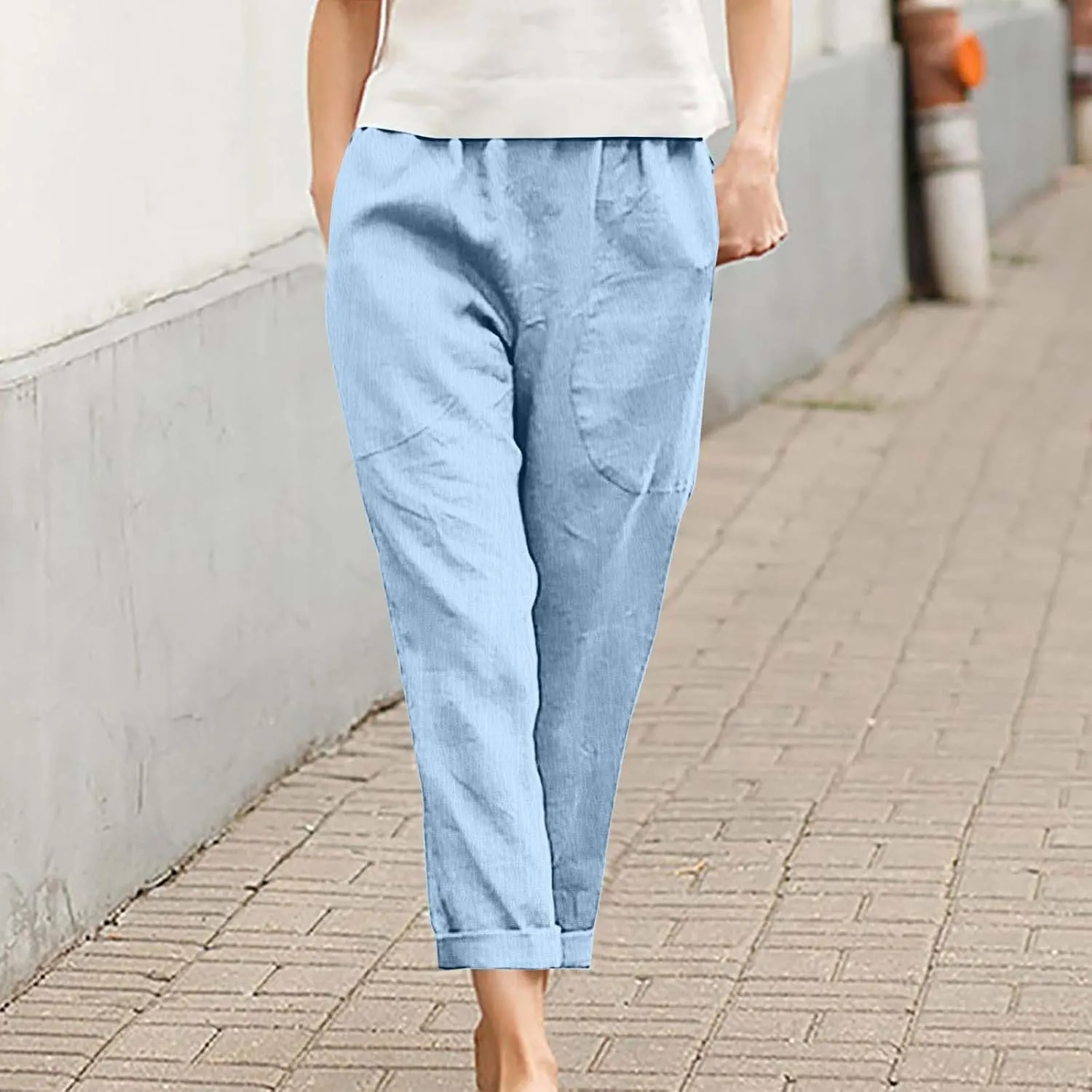 Women Linen Pants Lightweight Capri Pant Summer Casual Drawstring Elastic Waist Beach Trousers with Pockets