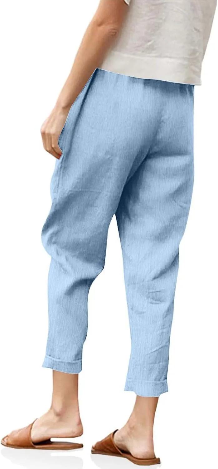 Women Linen Pants Lightweight Capri Pant Summer Casual Drawstring Elastic Waist Beach Trousers with Pockets