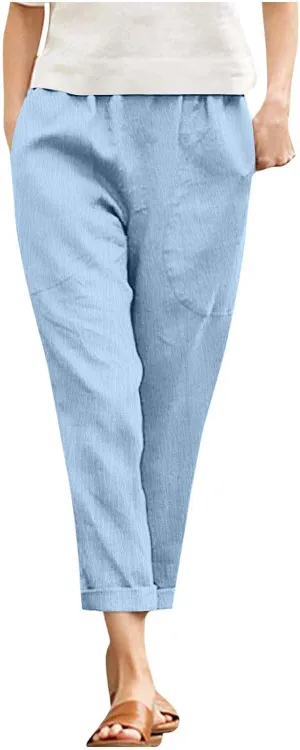Women Linen Pants Lightweight Capri Pant Summer Casual Drawstring Elastic Waist Beach Trousers with Pockets