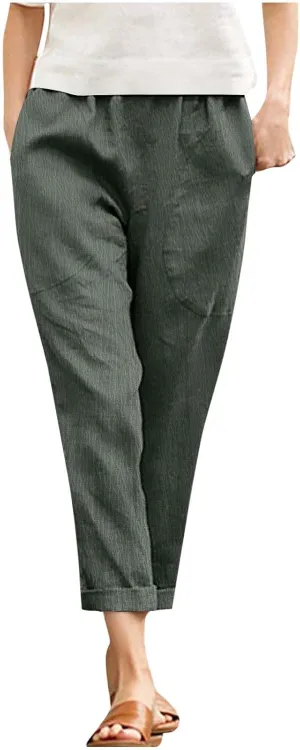 Women Linen Pants Lightweight Capri Pant Summer Casual Drawstring Elastic Waist Beach Trousers with Pockets