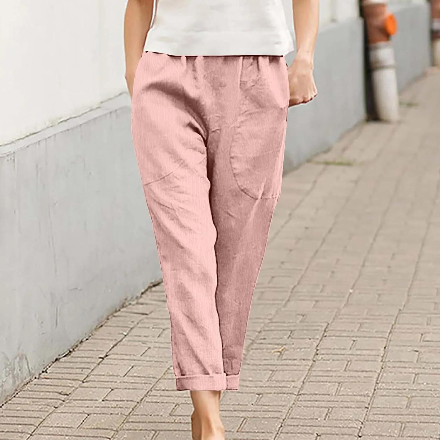 Women Linen Pants Lightweight Capri Pant Summer Casual Drawstring Elastic Waist Beach Trousers with Pockets