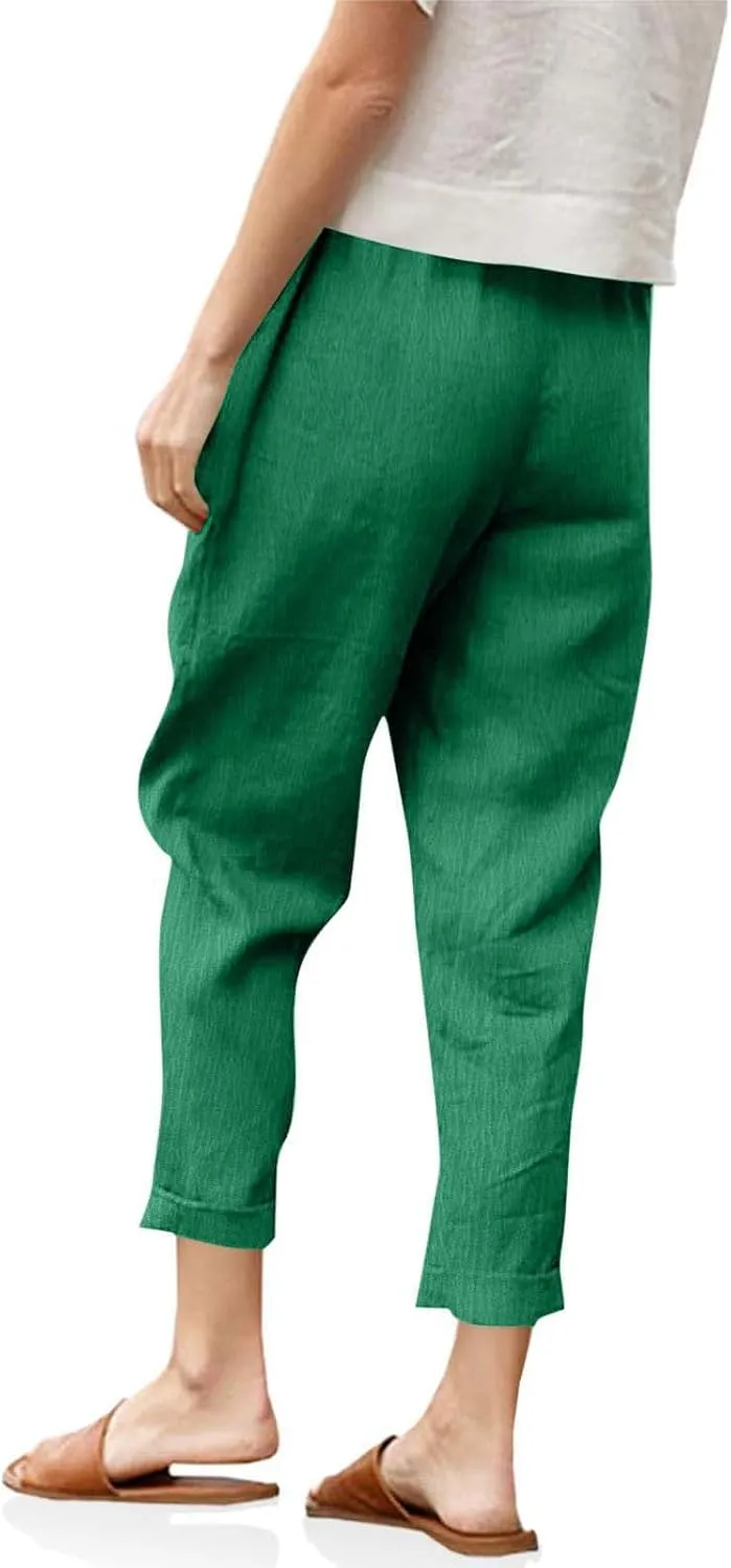 Women Linen Pants Lightweight Capri Pant Summer Casual Drawstring Elastic Waist Beach Trousers with Pockets
