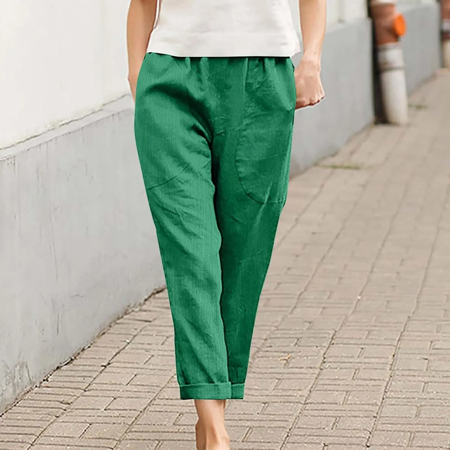 Women Linen Pants Lightweight Capri Pant Summer Casual Drawstring Elastic Waist Beach Trousers with Pockets